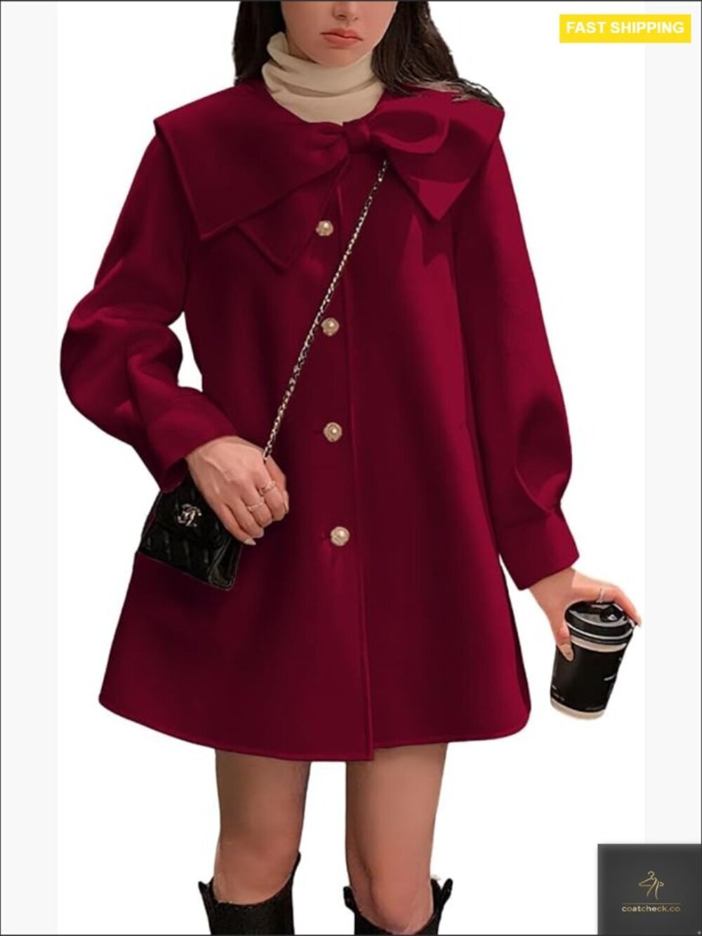 Wool Pea Coat with Bow Lapel Collar Elegant Vintage Chic Single Breasted